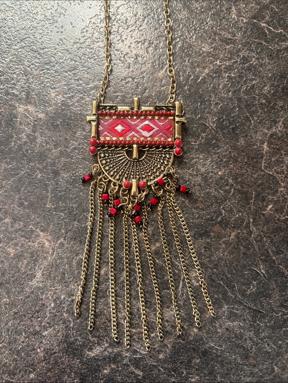 Bohemian Red Fringe Pendant Necklace - Unbranded